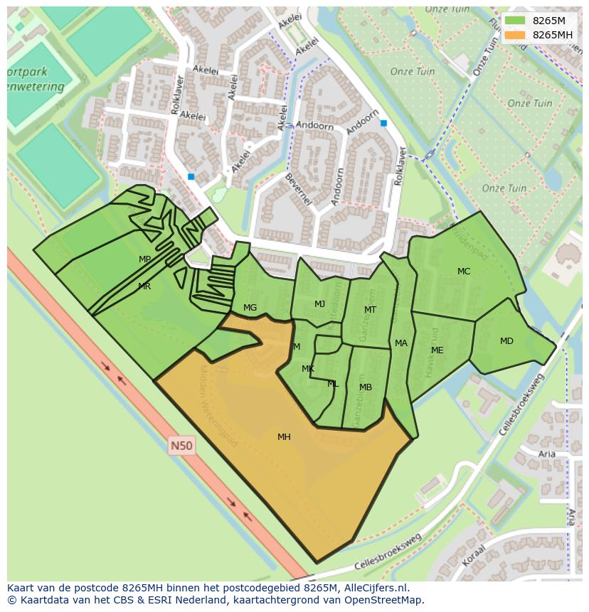 Afbeelding van het postcodegebied 8265 MH op de kaart.