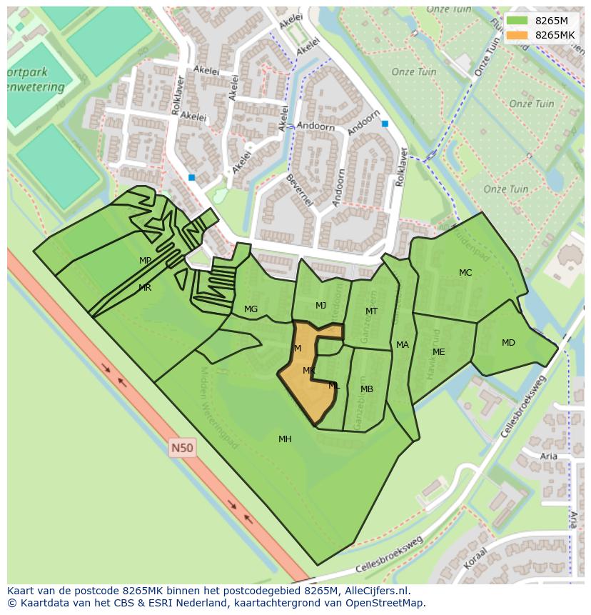 Afbeelding van het postcodegebied 8265 MK op de kaart.