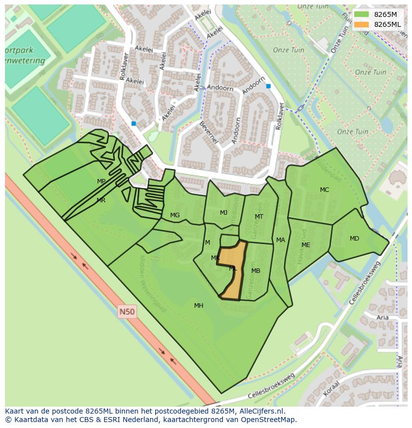 Afbeelding van het postcodegebied 8265 ML op de kaart.