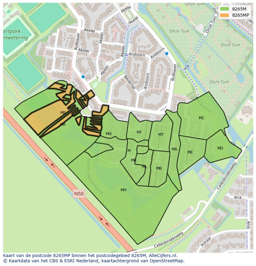 Afbeelding van het postcodegebied 8265 MP op de kaart.