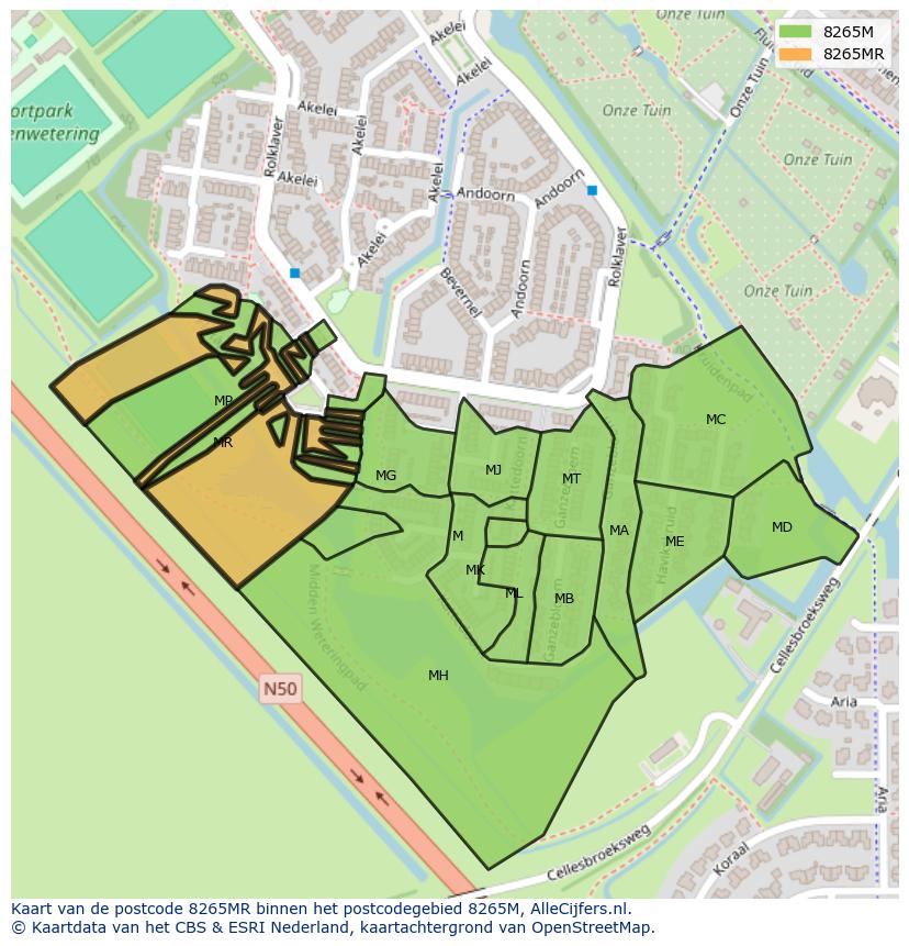 Afbeelding van het postcodegebied 8265 MR op de kaart.