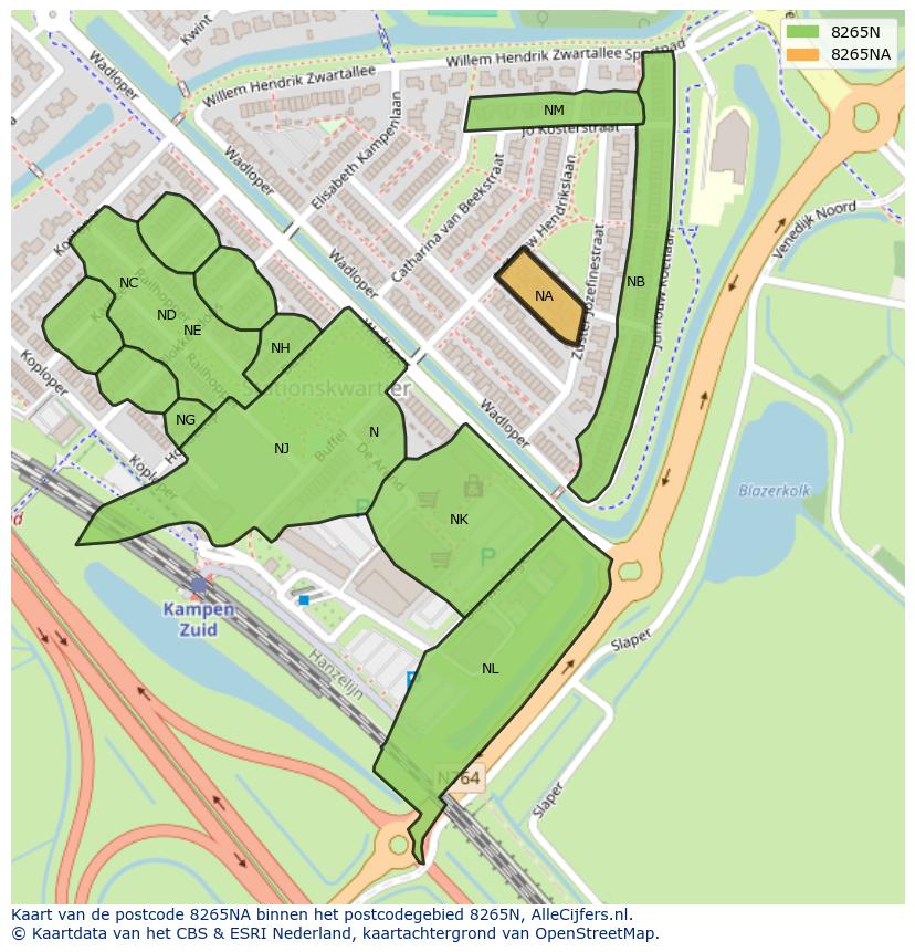 Afbeelding van het postcodegebied 8265 NA op de kaart.
