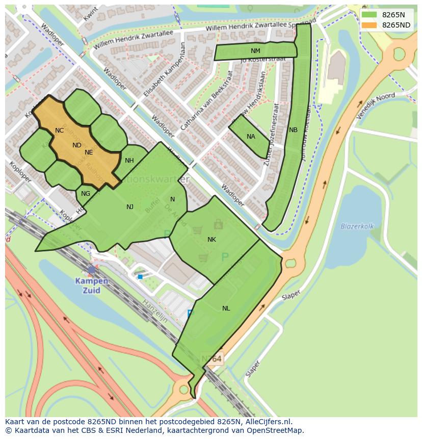 Afbeelding van het postcodegebied 8265 ND op de kaart.