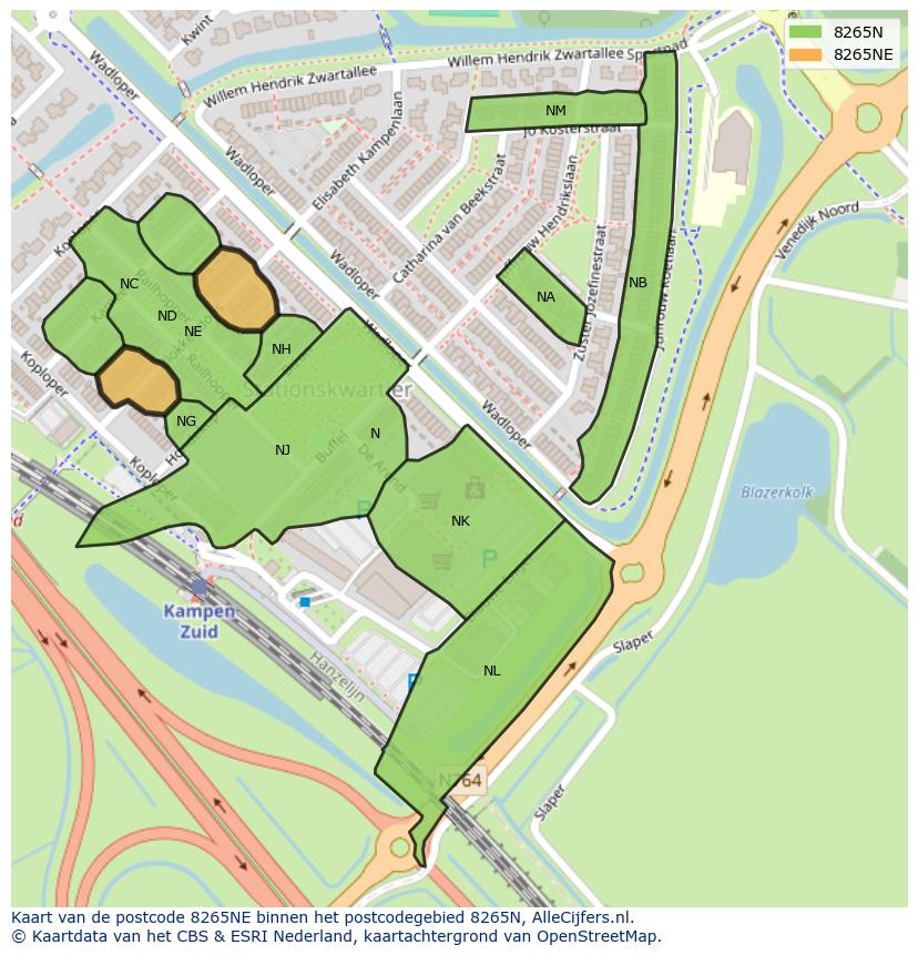 Afbeelding van het postcodegebied 8265 NE op de kaart.
