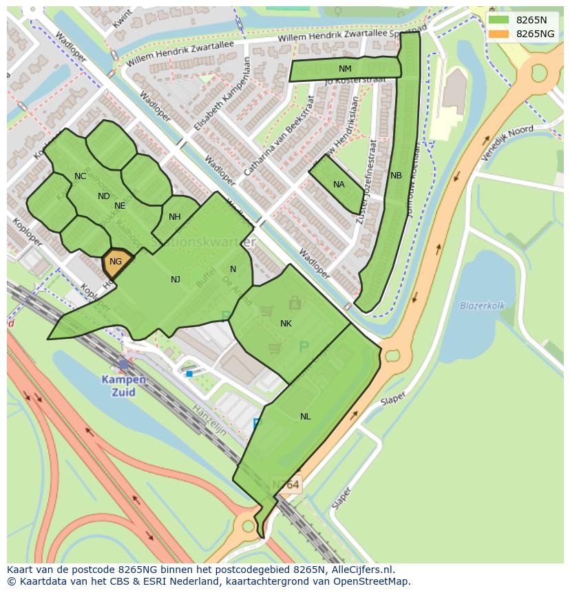 Afbeelding van het postcodegebied 8265 NG op de kaart.