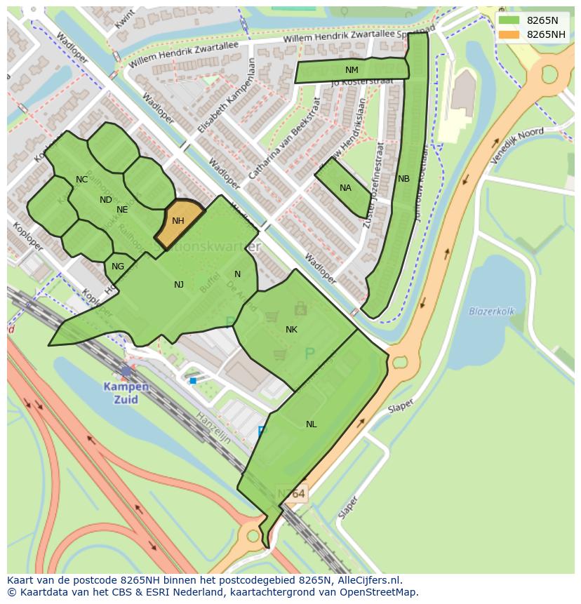 Afbeelding van het postcodegebied 8265 NH op de kaart.