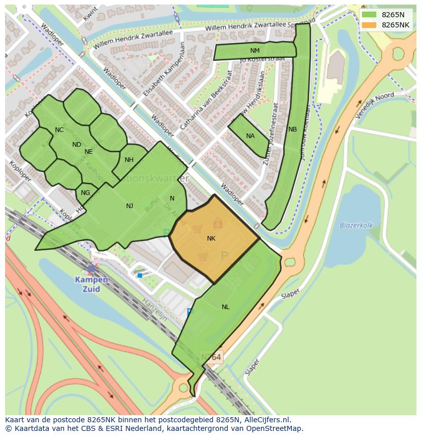 Afbeelding van het postcodegebied 8265 NK op de kaart.