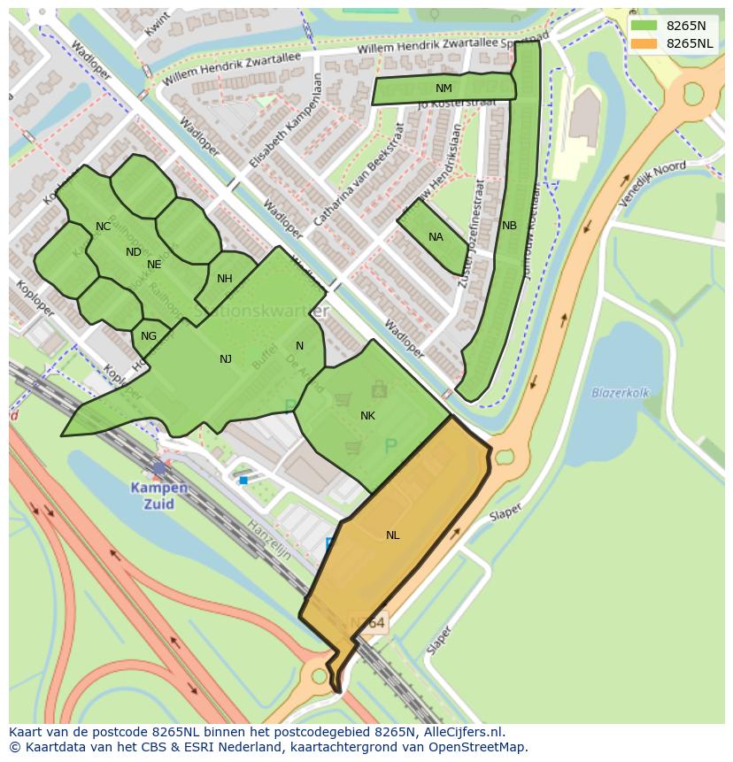 Afbeelding van het postcodegebied 8265 NL op de kaart.