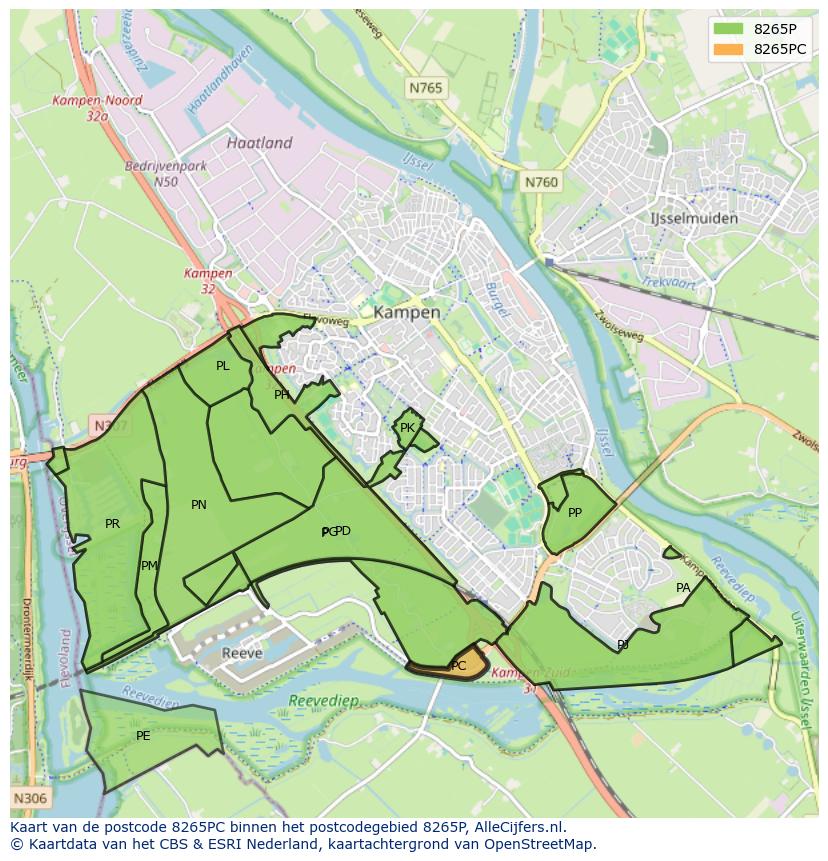 Afbeelding van het postcodegebied 8265 PC op de kaart.