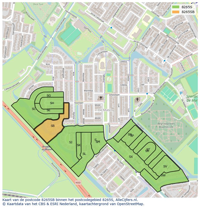 Afbeelding van het postcodegebied 8265 SB op de kaart.