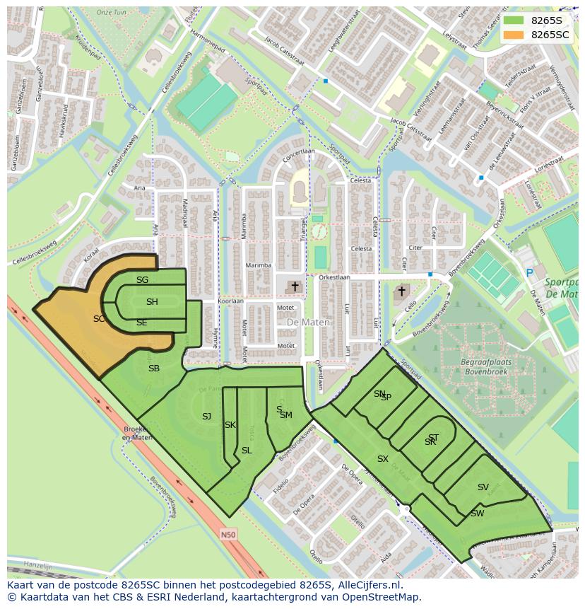 Afbeelding van het postcodegebied 8265 SC op de kaart.