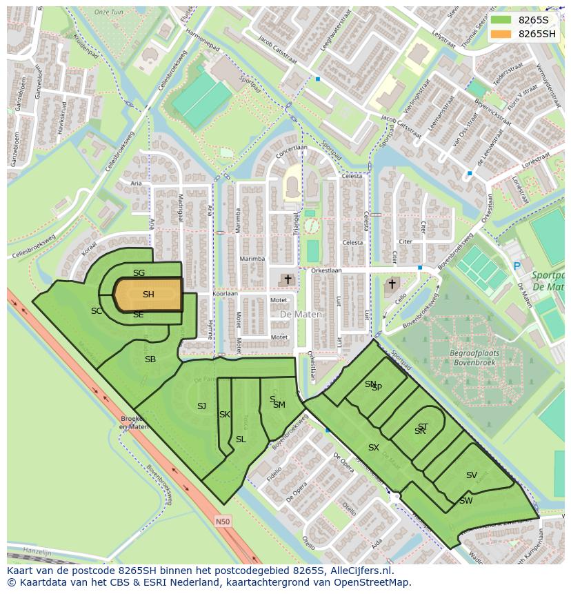 Afbeelding van het postcodegebied 8265 SH op de kaart.