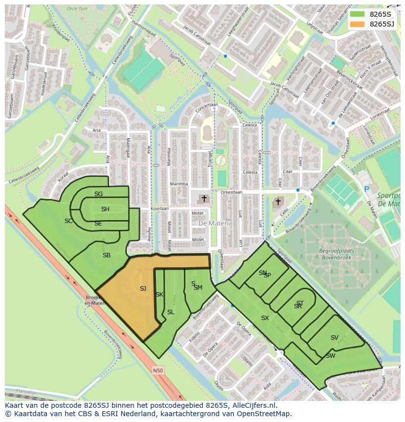 Afbeelding van het postcodegebied 8265 SJ op de kaart.