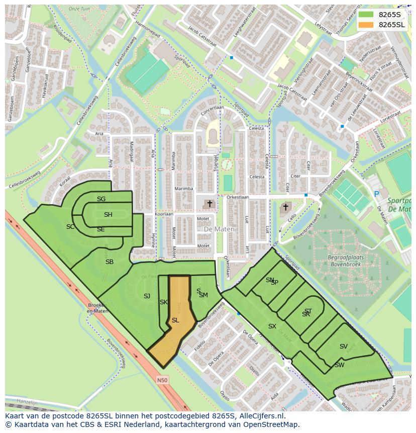 Afbeelding van het postcodegebied 8265 SL op de kaart.