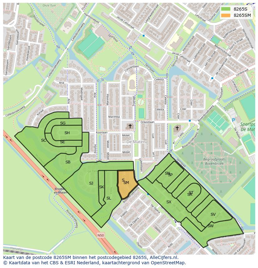 Afbeelding van het postcodegebied 8265 SM op de kaart.