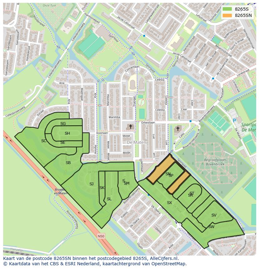 Afbeelding van het postcodegebied 8265 SN op de kaart.