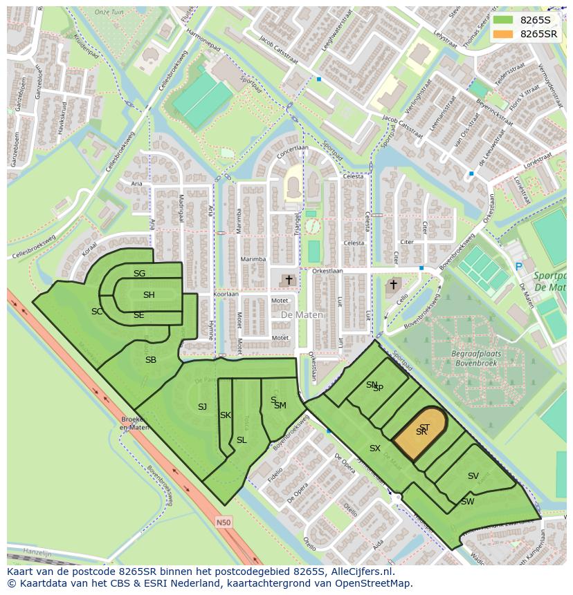 Afbeelding van het postcodegebied 8265 SR op de kaart.