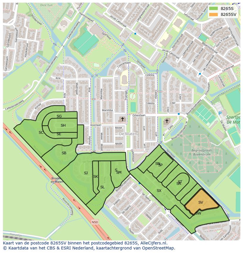 Afbeelding van het postcodegebied 8265 SV op de kaart.