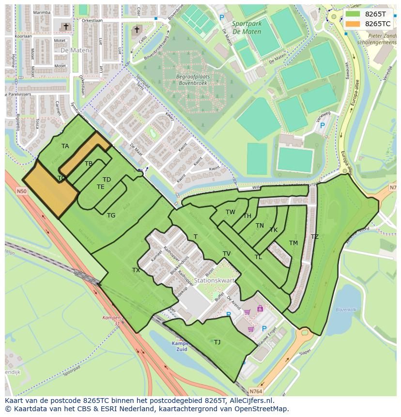 Afbeelding van het postcodegebied 8265 TC op de kaart.