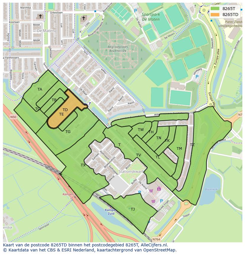 Afbeelding van het postcodegebied 8265 TD op de kaart.