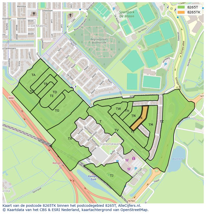 Afbeelding van het postcodegebied 8265 TK op de kaart.