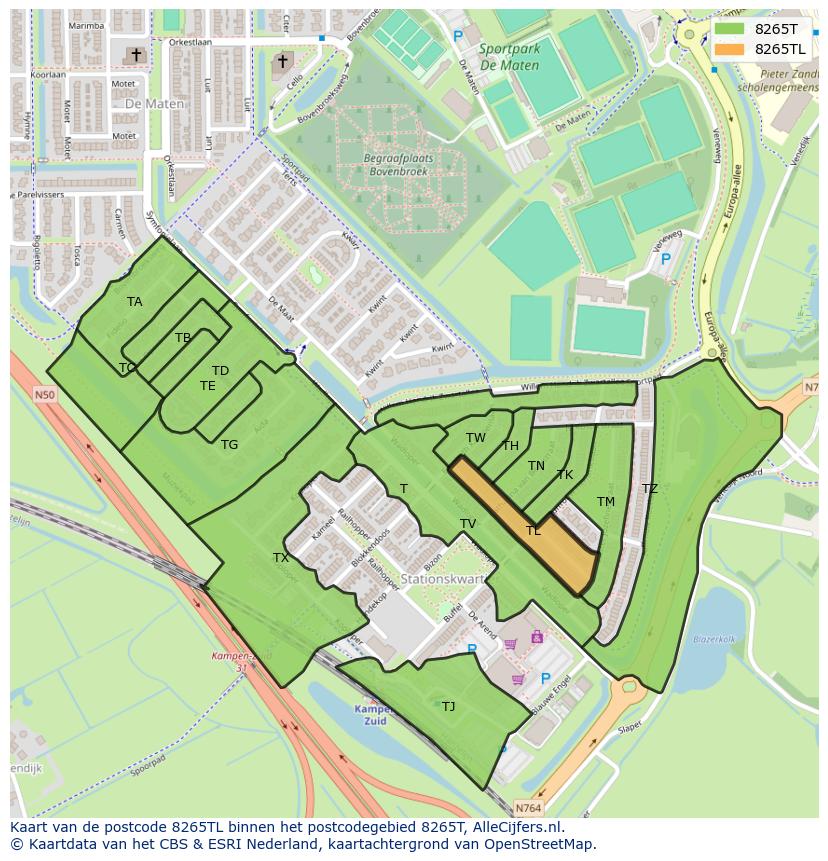 Afbeelding van het postcodegebied 8265 TL op de kaart.