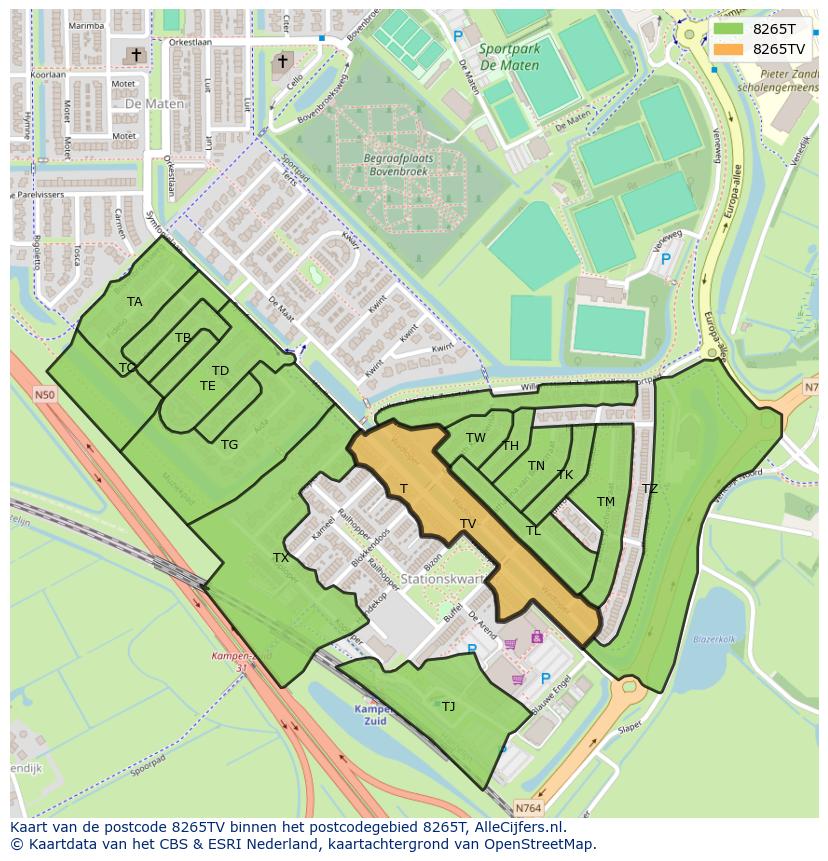 Afbeelding van het postcodegebied 8265 TV op de kaart.