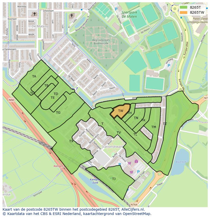 Afbeelding van het postcodegebied 8265 TW op de kaart.