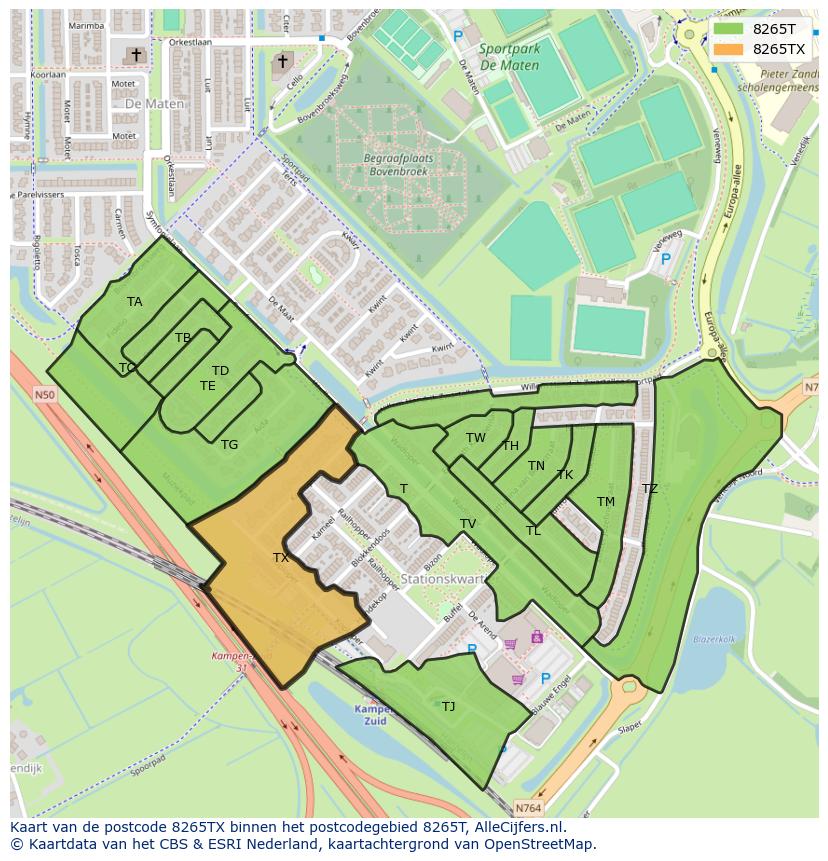 Afbeelding van het postcodegebied 8265 TX op de kaart.