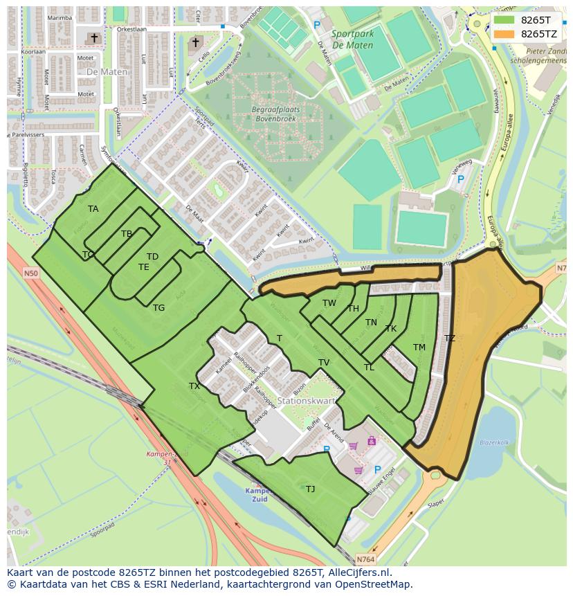 Afbeelding van het postcodegebied 8265 TZ op de kaart.