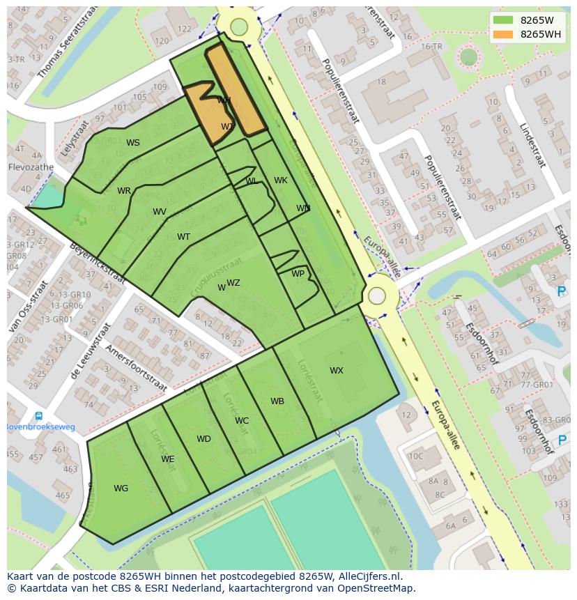 Afbeelding van het postcodegebied 8265 WH op de kaart.