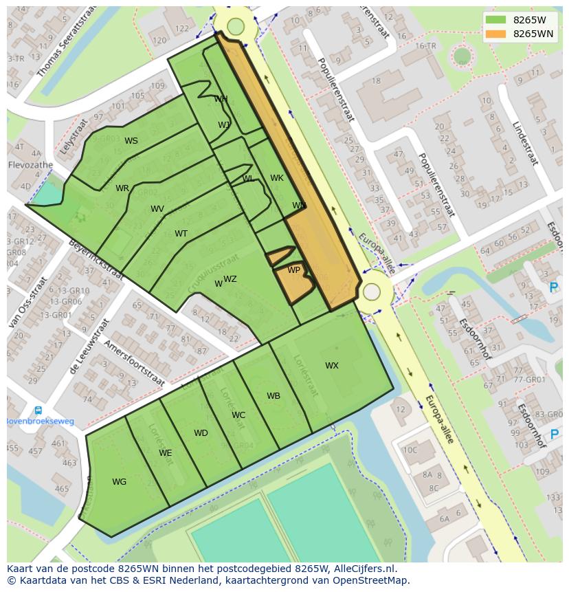 Afbeelding van het postcodegebied 8265 WN op de kaart.