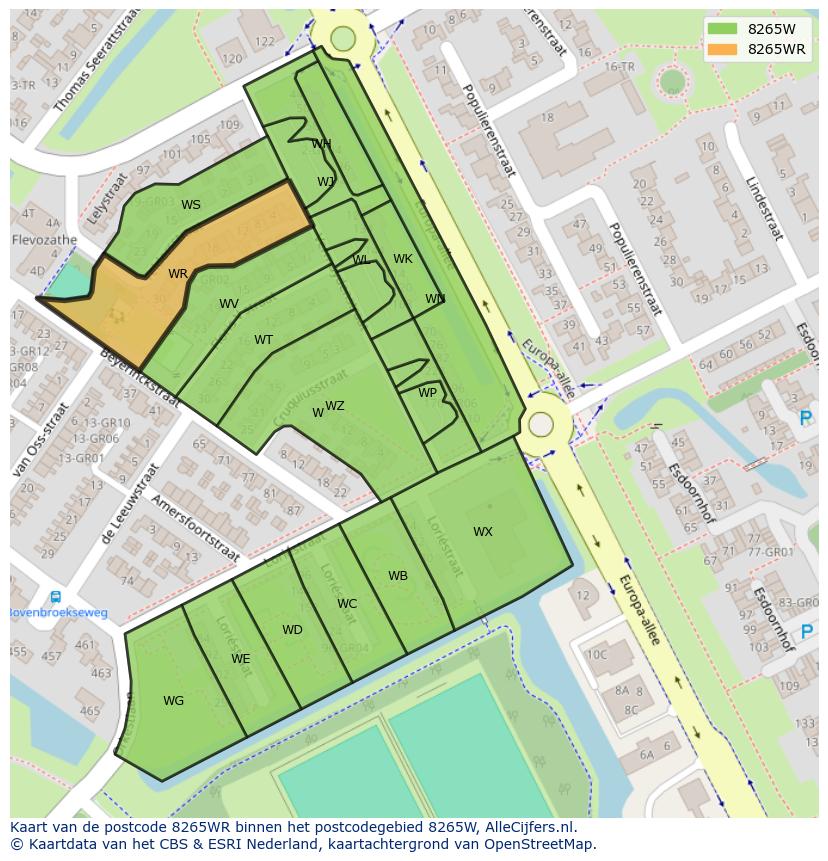 Afbeelding van het postcodegebied 8265 WR op de kaart.