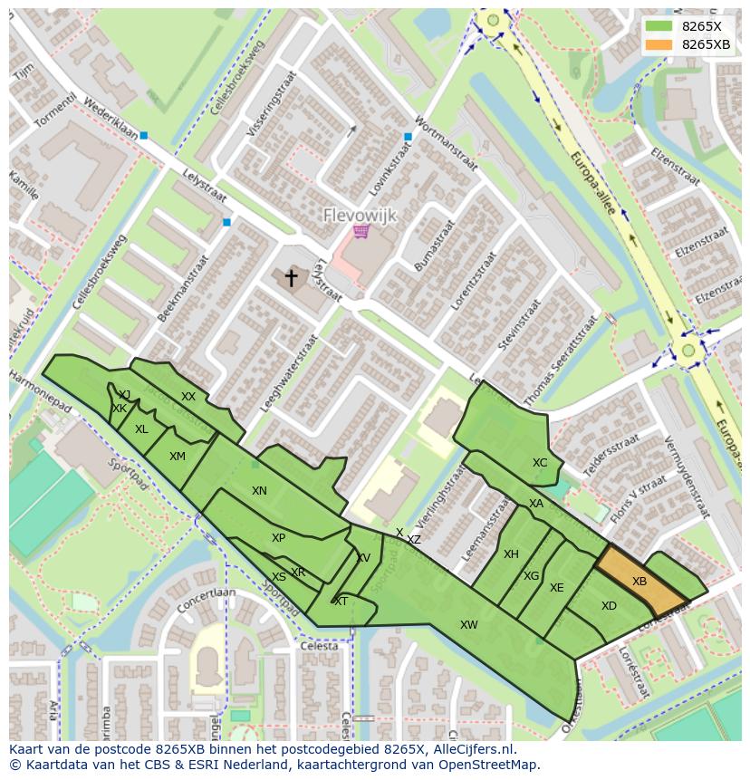 Afbeelding van het postcodegebied 8265 XB op de kaart.