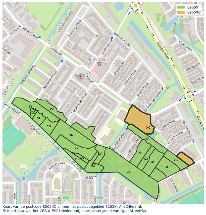 Afbeelding van het postcodegebied 8265 XC op de kaart.