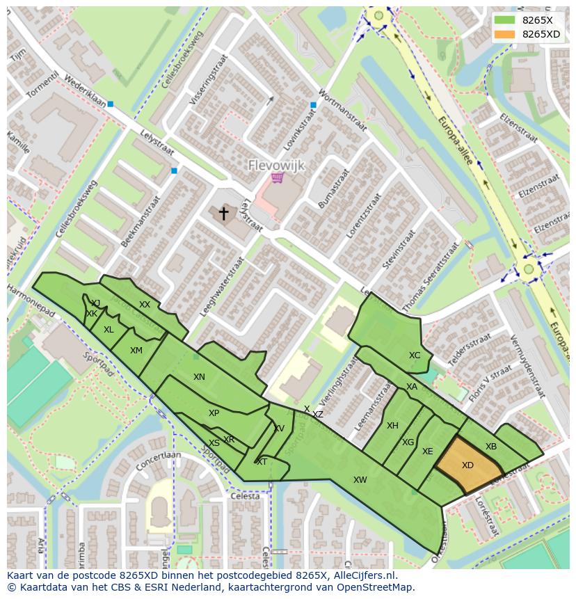 Afbeelding van het postcodegebied 8265 XD op de kaart.