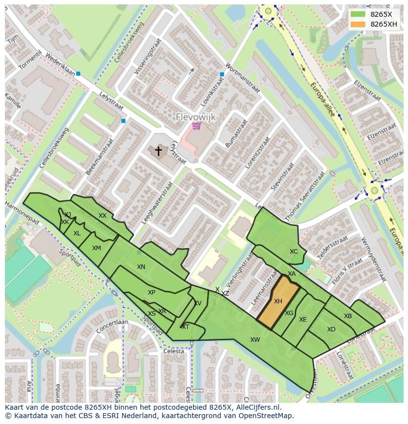 Afbeelding van het postcodegebied 8265 XH op de kaart.