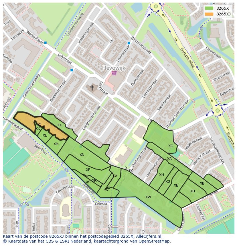 Afbeelding van het postcodegebied 8265 XJ op de kaart.