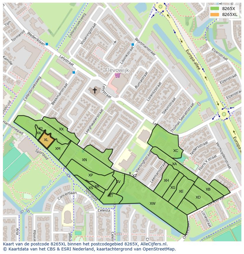 Afbeelding van het postcodegebied 8265 XL op de kaart.