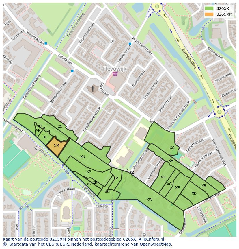 Afbeelding van het postcodegebied 8265 XM op de kaart.