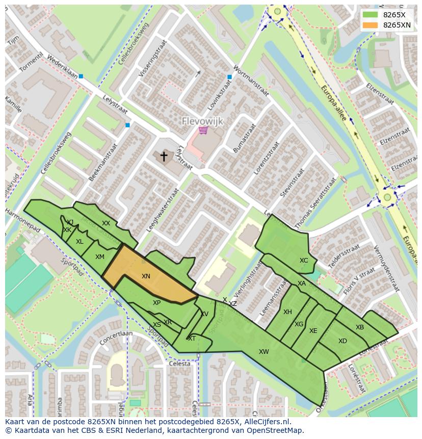 Afbeelding van het postcodegebied 8265 XN op de kaart.
