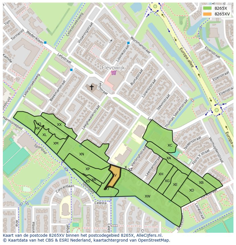 Afbeelding van het postcodegebied 8265 XV op de kaart.
