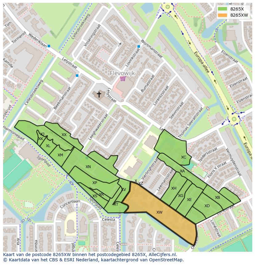 Afbeelding van het postcodegebied 8265 XW op de kaart.