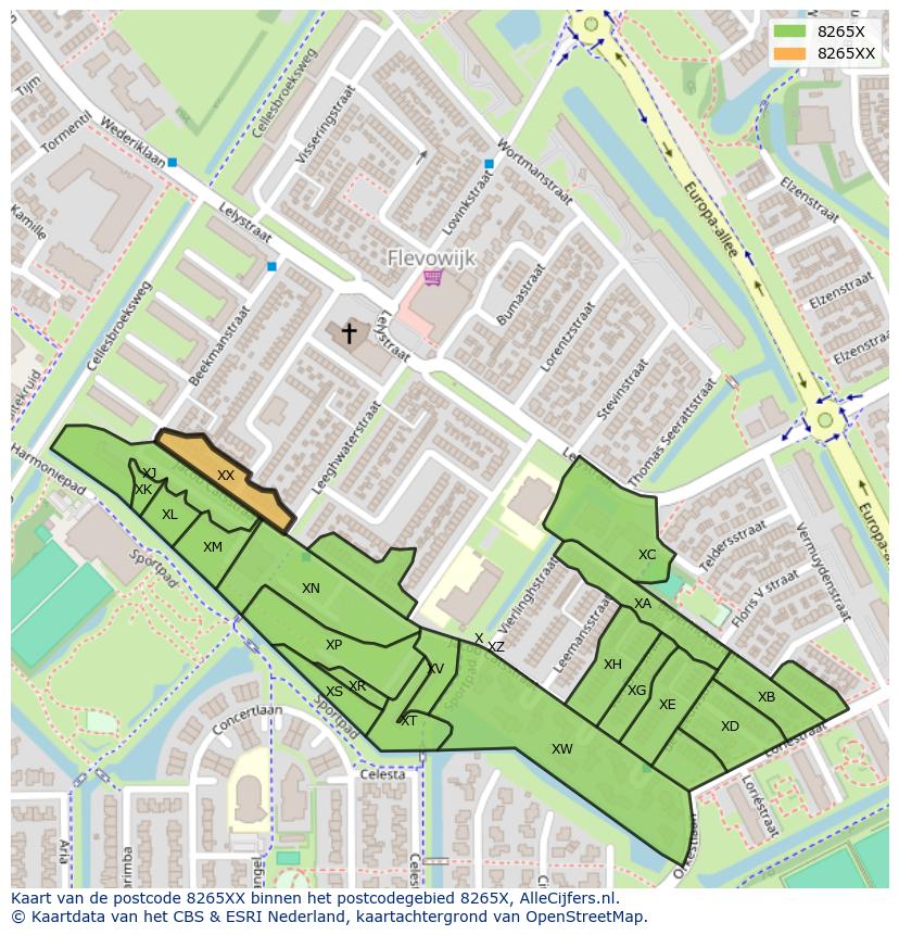 Afbeelding van het postcodegebied 8265 XX op de kaart.