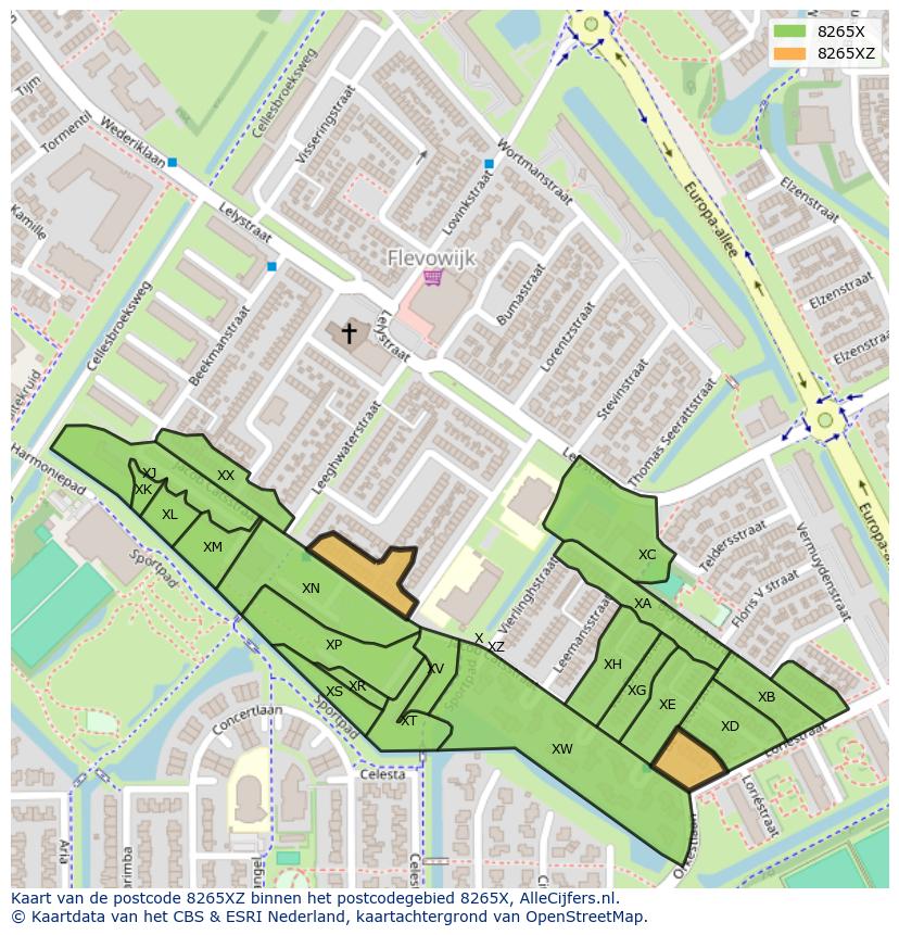 Afbeelding van het postcodegebied 8265 XZ op de kaart.