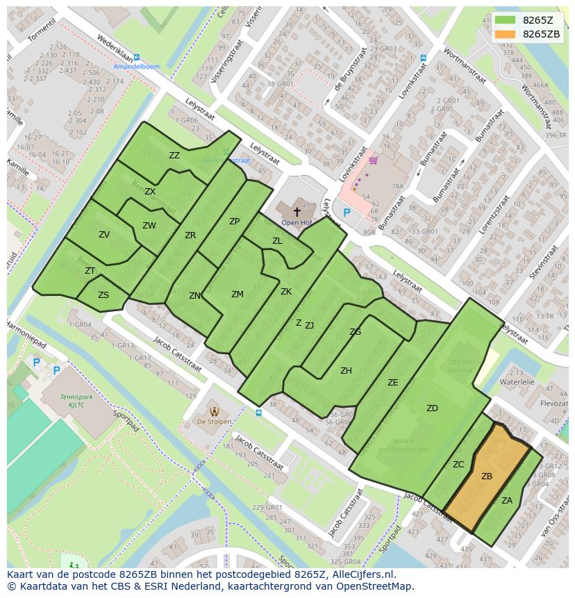 Afbeelding van het postcodegebied 8265 ZB op de kaart.