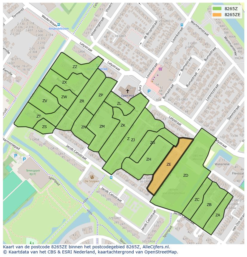 Afbeelding van het postcodegebied 8265 ZE op de kaart.