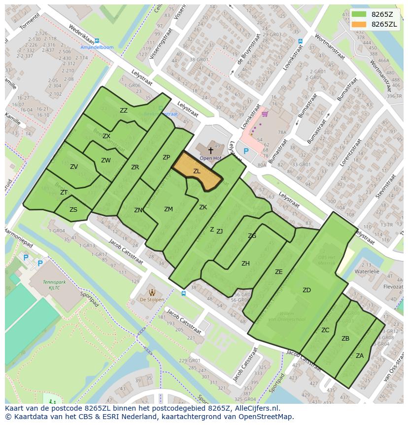 Afbeelding van het postcodegebied 8265 ZL op de kaart.