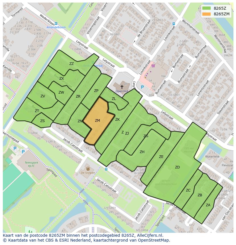 Afbeelding van het postcodegebied 8265 ZM op de kaart.