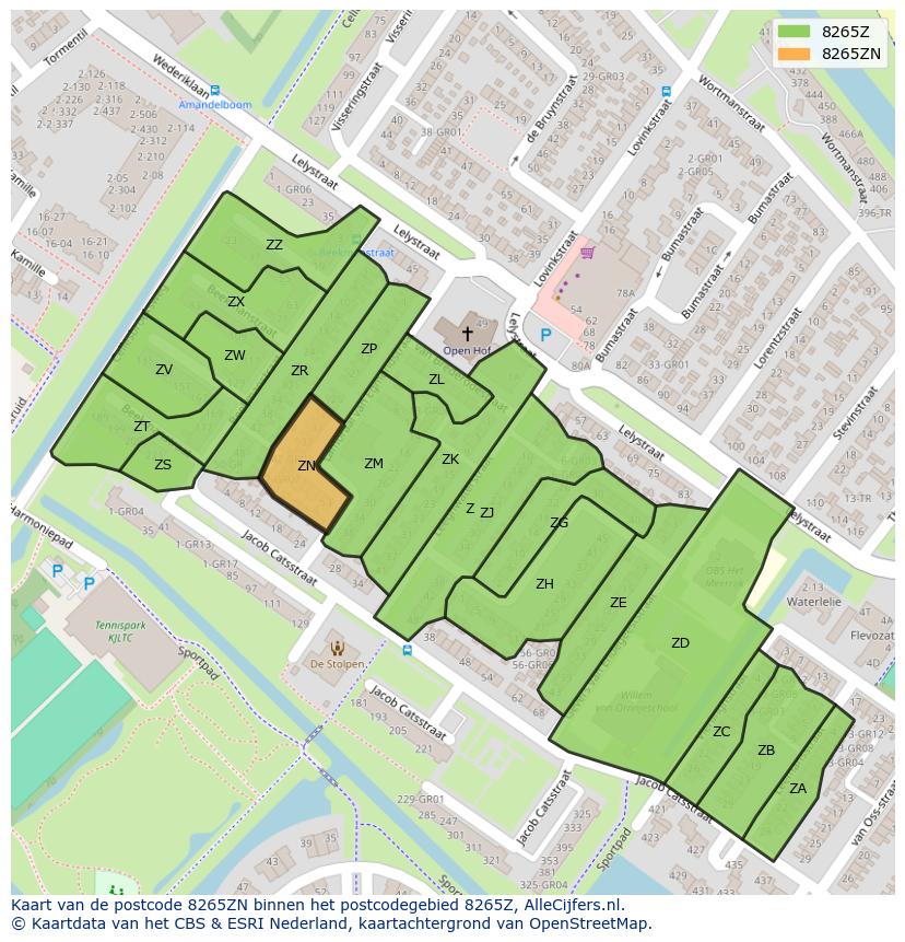 Afbeelding van het postcodegebied 8265 ZN op de kaart.